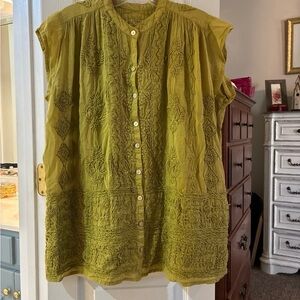 Kyla Seo Heavily Embroidered Olive Green Women's USA Handmade Top SZ S